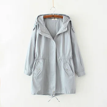 

New Spring Women Fashions Zipper Hooded Solid Jacket Slim Tie Waist Long Windbreaker Jacket Women Outwear Casual Loose Coat