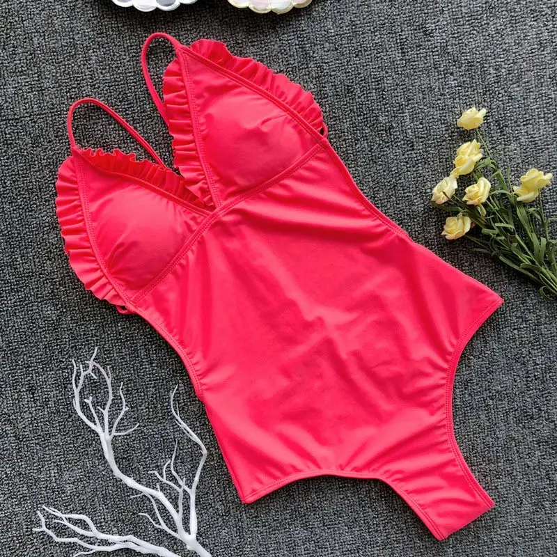 Hirigin стильный женский купальник с оборками, сдельный купальник, лето, пуш-ап, мягкий пляжный женский купальный костюм, чистый цвет, бикини - Цвет: E Red