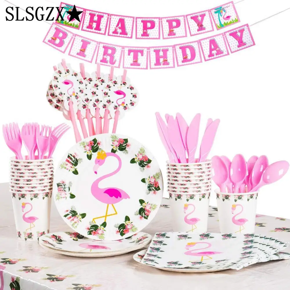 

SLSGZX Birthday Party Disposable Tableware Set Flamingo Party Paper Plate Cup Napkin Summer Hawaii Flamingo Event Party Supplies