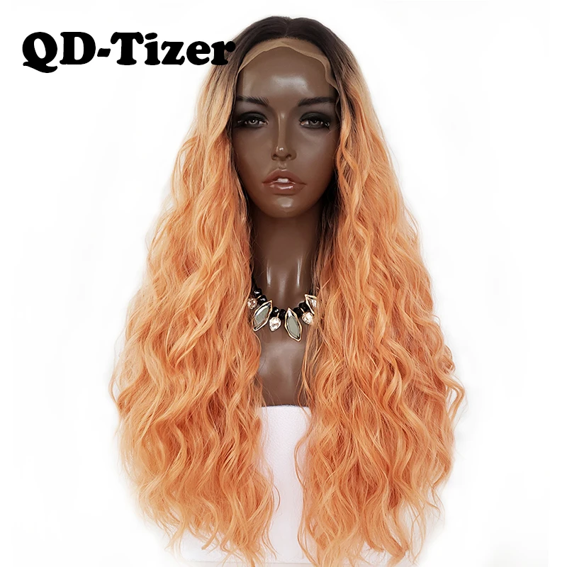 

QD-Tizer 180% Density Ombre Orange Loose Hair Synthetic Lace Wigs Long Loose Curly Synthetic Lace Front Wigs for Black Women