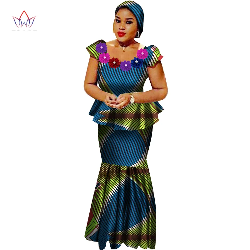 African Bazin Riche Dresses for Women Set Clothes Skirt Top Sets for Women High Waist Skirt Long African Skirt Plus Size WY2564