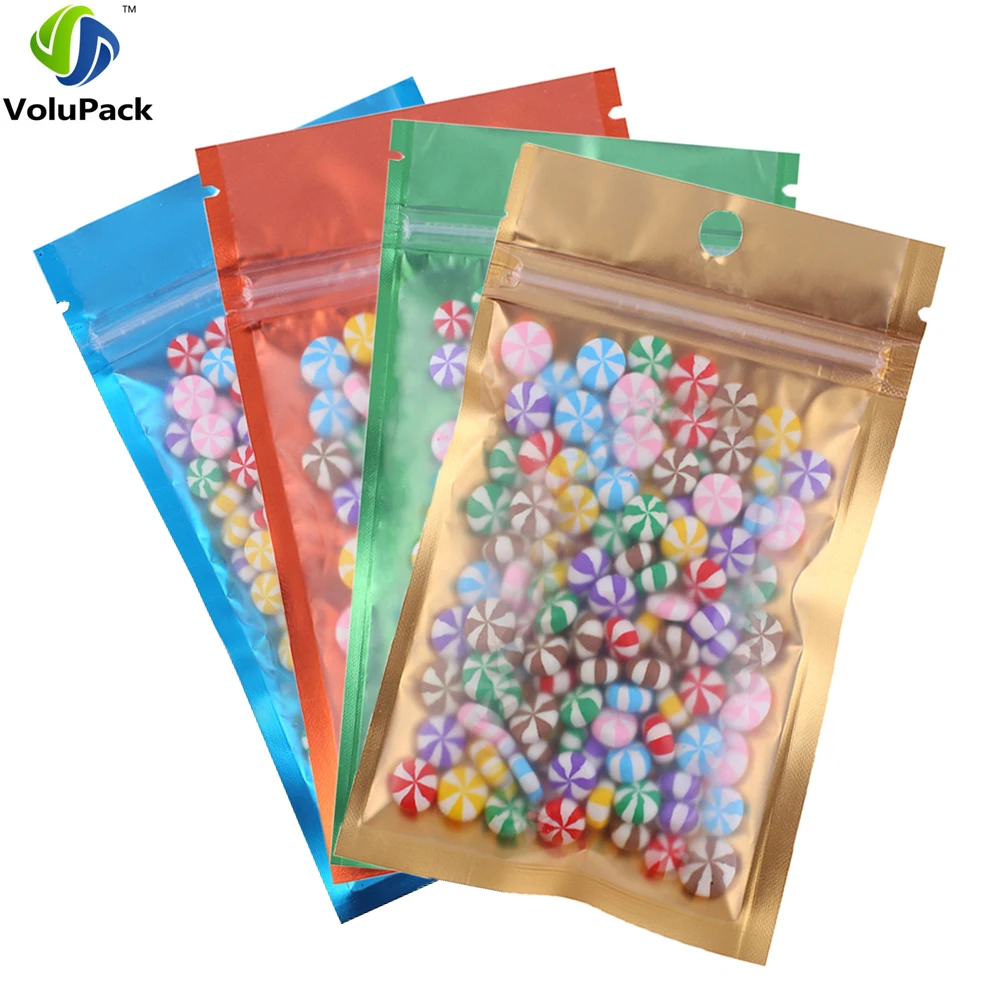 

Assorted Sizes Reusable Ziplock Bags Clear Front Metallic Mylar Bags Tear Notch Flat Pouches Kitchen Package Bags With Hang Hole