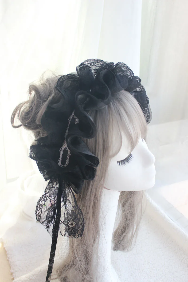 Черные маленькие волосы "Лолита", повязка с большим бантом, боковая заколка, ожерелье, аксессуары для Лолиты, KC - Цвет: Lace hair band