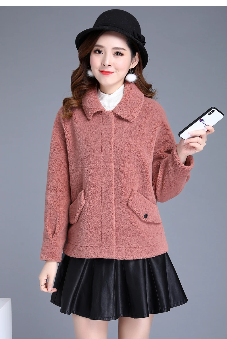 Женское зимнее пальто из овечьей шерсти с отворотом, утолщенная Короткая свободная модная куртка, теплое пальто для женщин, однотонная верхняя одежда большого размера