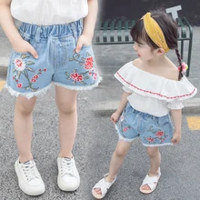 Летние тонкие короткие штаны для маленьких девочек милые шорты с вышивкой для детей возрастом от 1 года до 7 лет, верхняя одежда, брюки детские популярные джинсовые штаны, X425