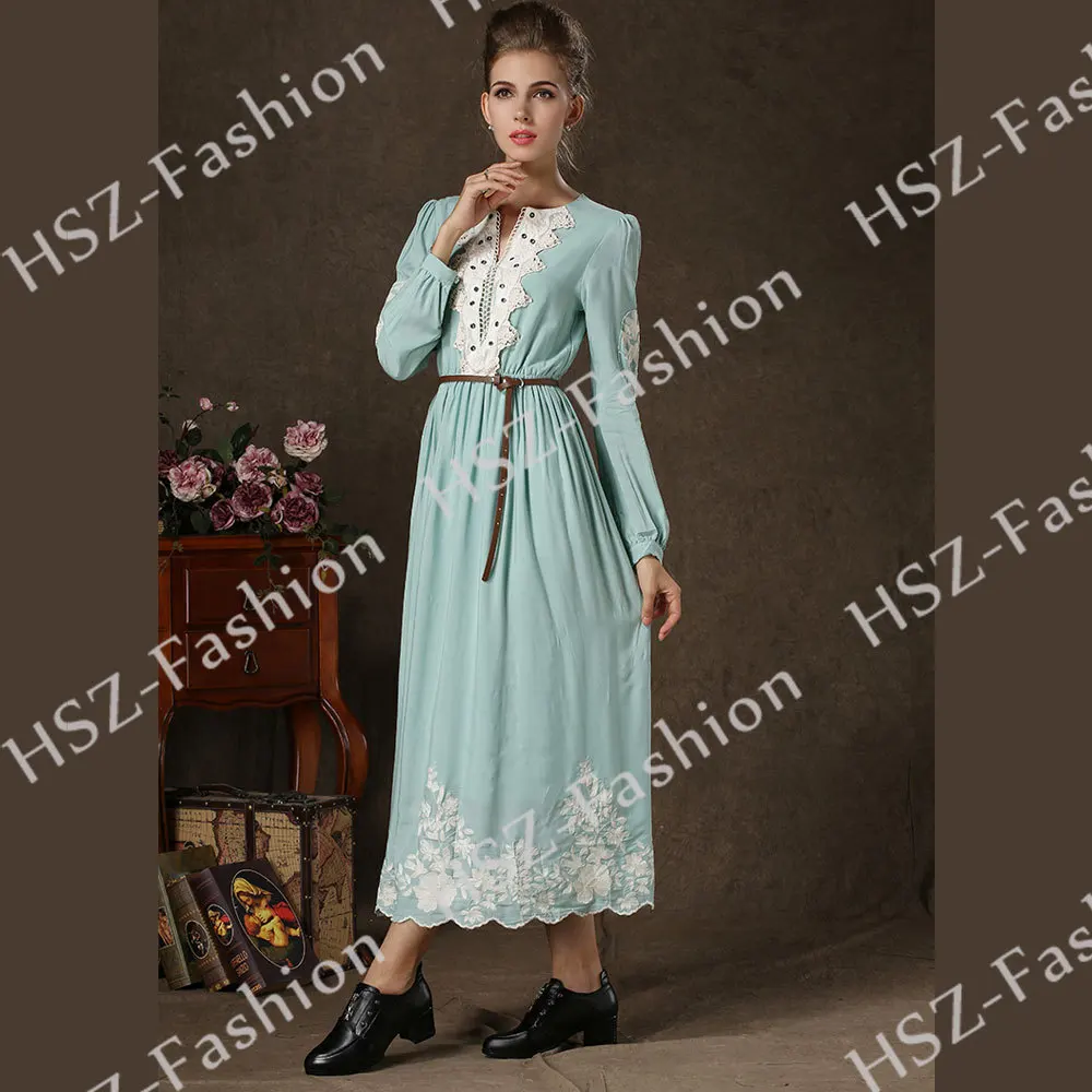 MD1701 Осень простой Винтажный стиль длинное платье кружевной край Классическая Грация женское мусульманское платье Дубай темперамент кафтан абайя - Цвет: Ocean blue