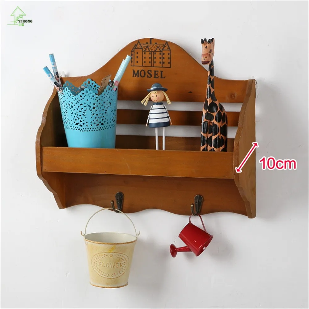 Retro Wooden Wall Shelf Organizer Key Hooks Ornament Display