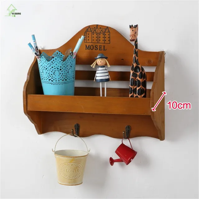 Retro Wooden Wall Shelf Organizer Key Hooks Ornament Display Rack Retro Wooden Wall Shelf Organizer Key Hooks Ornament Display Rack Decorations Interior Stand Small Object