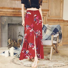 Летняя длинная юбка, шикарная тонкая винтажная юбка с высокой талией в стиле бохо с цветочным принтом, пляжная юбка, летняя юбка, элегантная хлопковая юбка с хвостом