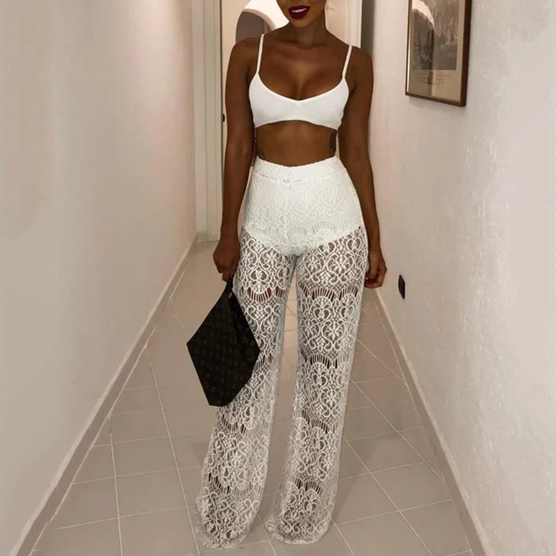 

Floral contact lace pants Women hollow out long trousers Summer 2018 sexy club party wide leg pants Black white lace pantalon