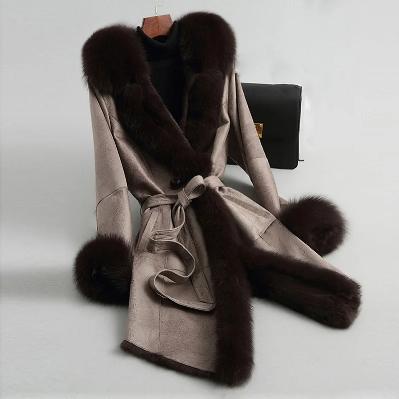 BF мех подлинный натуральных мех пальто с капюшоном замшевый натуральный мех куртка воротник из лисьего меха манжеты и мех кролика подкладка Женское пальто класса люкс