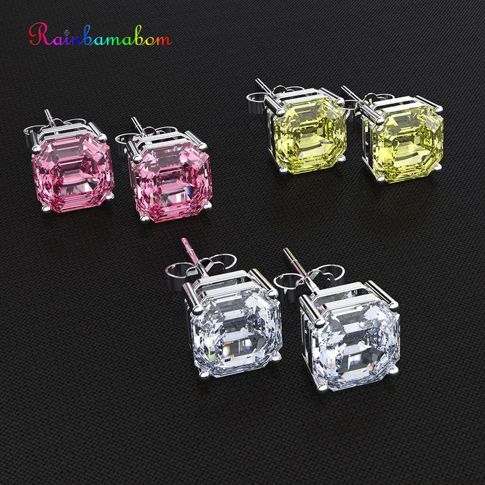 

Rainbamabom Real 925 Sterling Silver Created Moissanite Gemstone Ear Studs White Gold Earrings Anniverssary Jewelry Wholesale