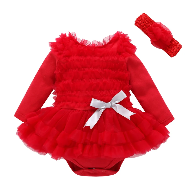 baby girls long sleeve romper lace tutu dress with headband cute style clothing set red purple pink christmas party dress