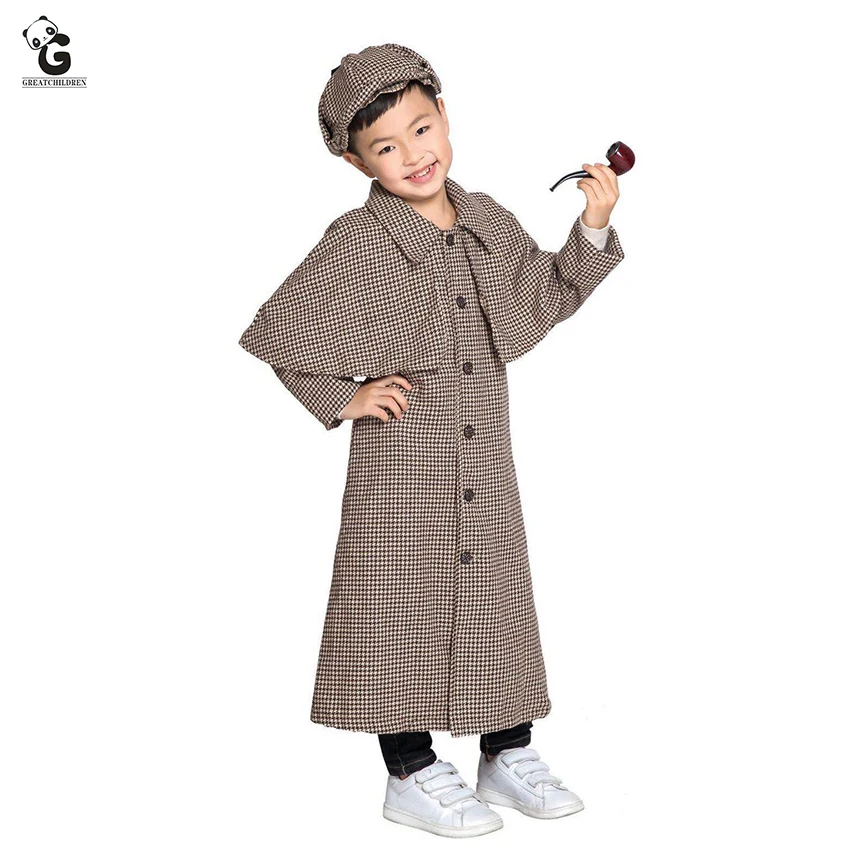 

Kids Costumes Sherlock Holmes Costumes Boys Fancy Dress Halloween Costume for Kids Sherlock Holmes Plaid Coat with Cap/Pipe