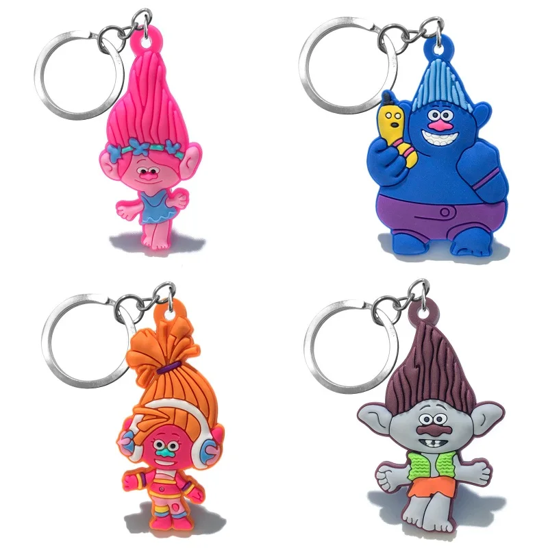 

4pcs Trolls Poppy Keychain Cartoon Soft PVC Pendants+Keyring Key Cover Key Accessories Key Ring Kid Gift Party Favors Jewelry