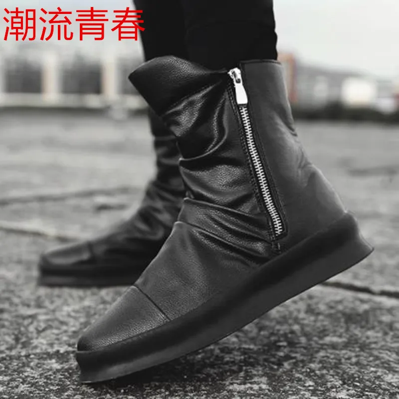 

New Fashion Men Height Increasing Platform Boots side Zip Leather Shoes Male Mixed Colors High Top Black White Men's Boots