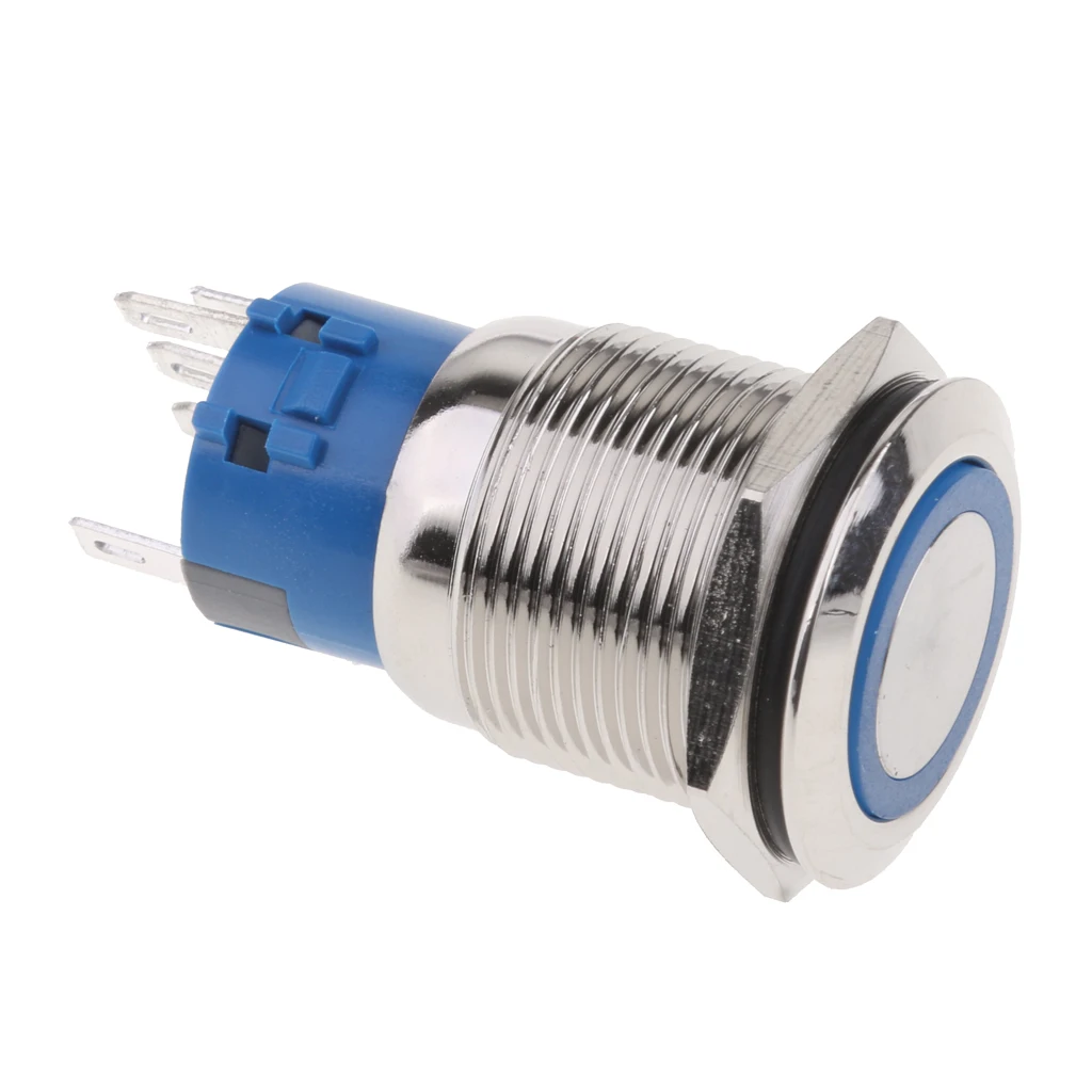 19MM Blue LED Light Metal Button Switch Momentary Push Button Auto Reset Waterproof Illuminated Switch Latching IP67