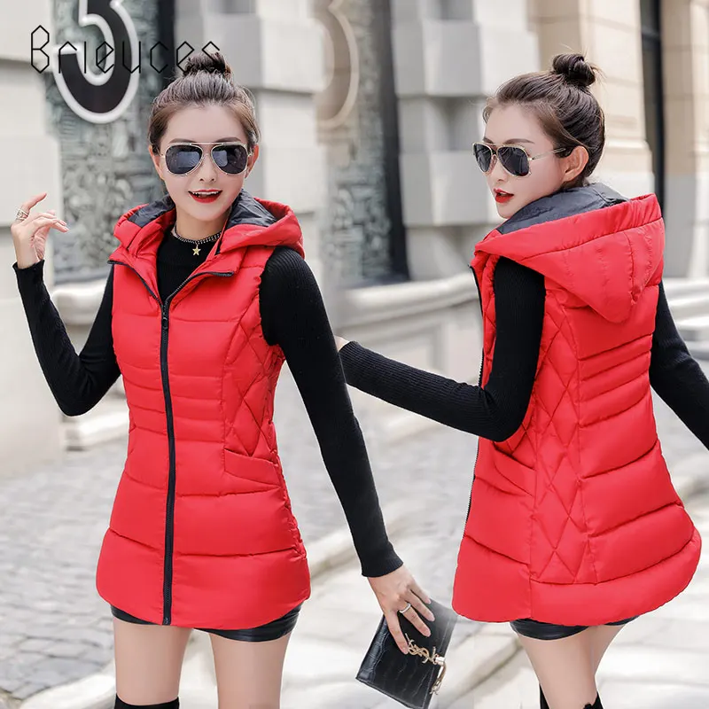 

Brieuces 2019 high quality hooded long women winter vest big size 4XL cotton padded outerwear female waistcoat autumn solid