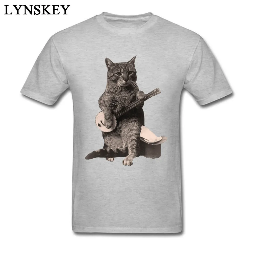 Men's T Shirts Classic Cool Short Sleeve Summer/Fall Tops Shirt Funky Crewneck All Cotton Tee Shirts Cat Playing Banjo Guitar Cat Playing Banjo Guitar grey
