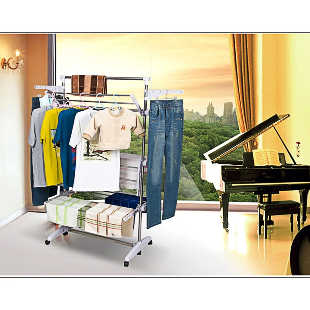 

UK -rod racks floor drying racks indoor and outdoor stainless Folding Rails Adjustable Telescopic Rolling Clothing Garment Rack