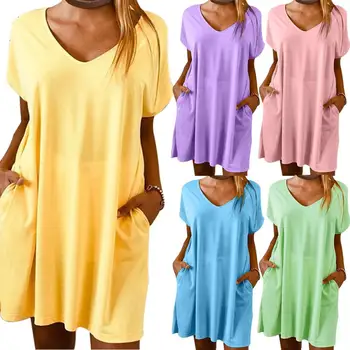 

New Casual Summer Women Solid Color V Neck Short Sleeve Loose Mini Dress with Pocket