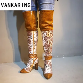 

American European pop embossed serpentine leather knee high boots for women sexy pointed toe western cowboy boots wedge boots