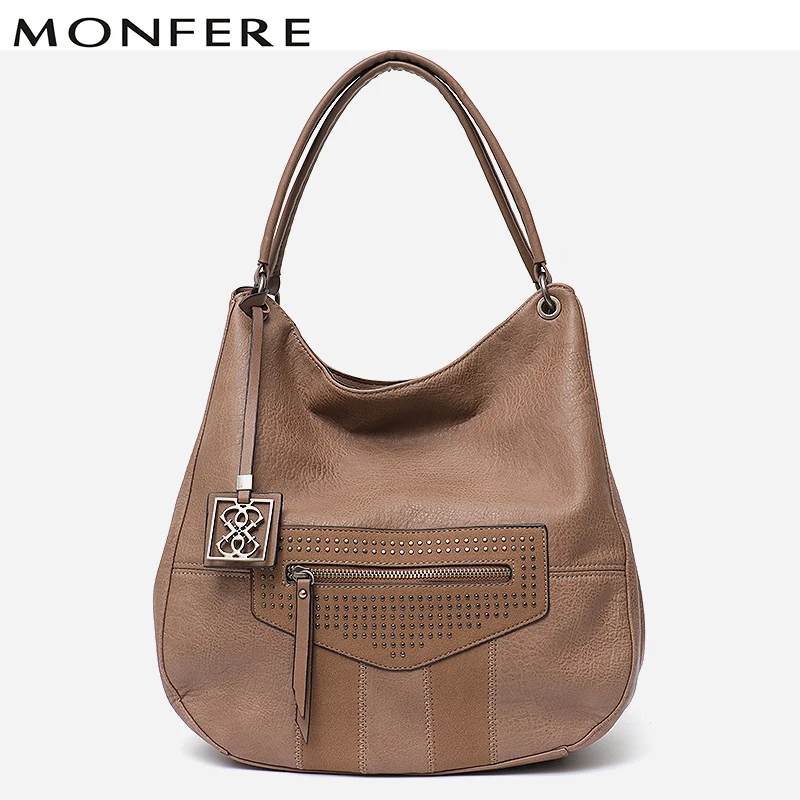 

MONFERE 2018 Vintage Shoulder Handbag Vegan Leather Women Shoulder Hobo Bag Messenger Bag Large Soft Zip Pocket Causal Tote Bag