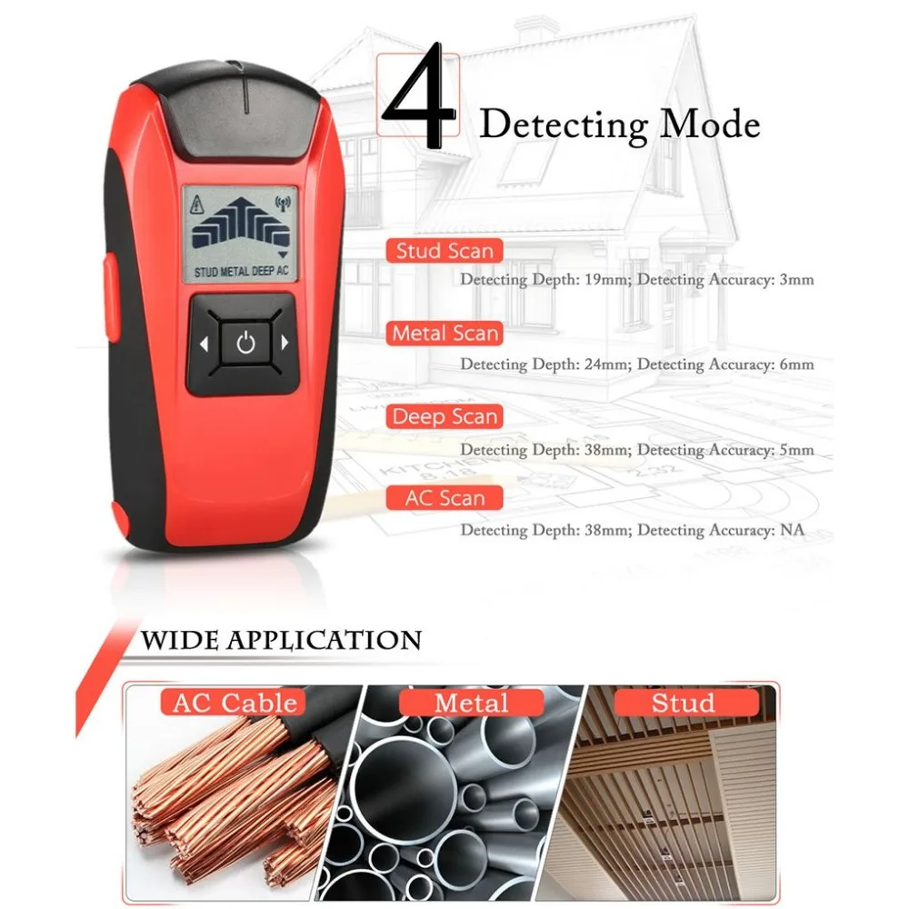 

Metal Detector Red Multifunctional Handheld LCD Wall Stud Finder Metal Wood Studs AC Cable Wire Scanner Detector Tester