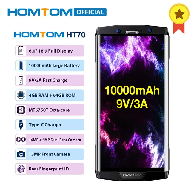 Special Offers HOMTOM HT70 MT6750T Octa Core Android 7.0 Smartphone 6.0 Inch 18:9 Display 16MP+5MP Dual Camera 4GB RAM 64GB ROM Mobile Phone
