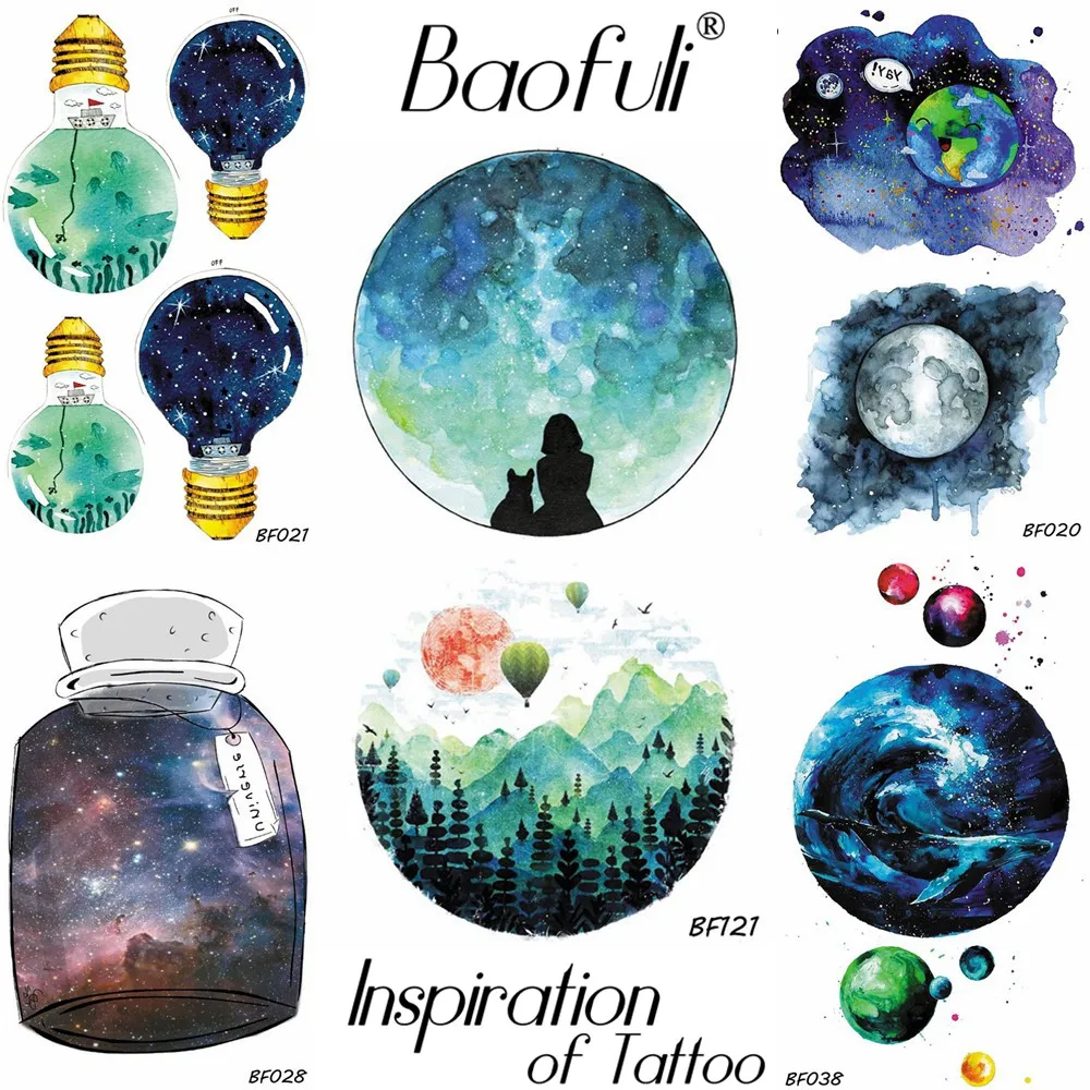 

Cartoon Galaxy Planet Temporary Round Tattoo Sticker Blue Hill Tree Air Balloon Watercolor Tattoo Women Body Art Kids Gift Tatoo