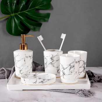 

Direct selling ceramic home wash cleaning kit Nordic five-piece marble pattern bathroom set bathroom brushing teeth cup