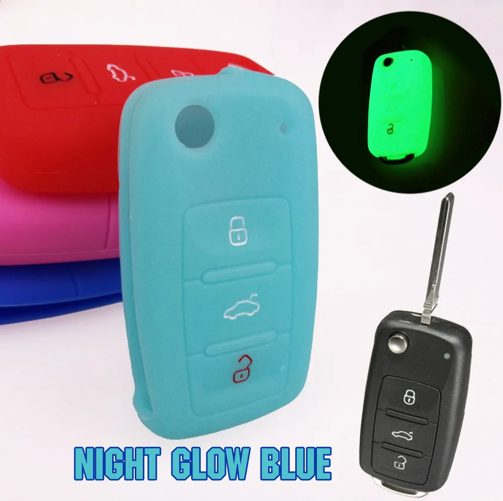 3 кнопки, пригодный для VW SEAT SKODA POLO PASSAT B5 Гольф 4 5 6 Jetta CC GTI Tiguan Bora EOS BEETLE силиконовый чехол для ключей дистанционного FOB чехол - Название цвета: Night Glow Blue