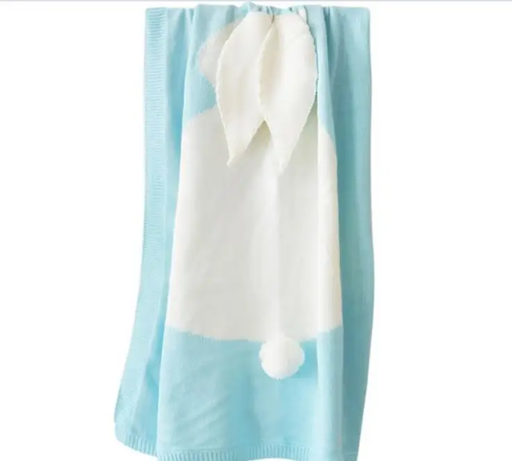 Одеяло для новорожденного, вязаное, с кроличьими ушками, мягкое Пеленальное Одеяло, детское банное полотенце, детское одеяло, постельные принадлежности, одеяло s - Цвет: Синий