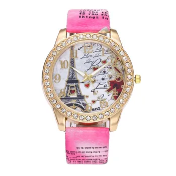 

New fashion Women's watch watch steel bracelet sports casual quartz Vintage Paris Eiffel Tower Crystal Leather Wristwatch H5