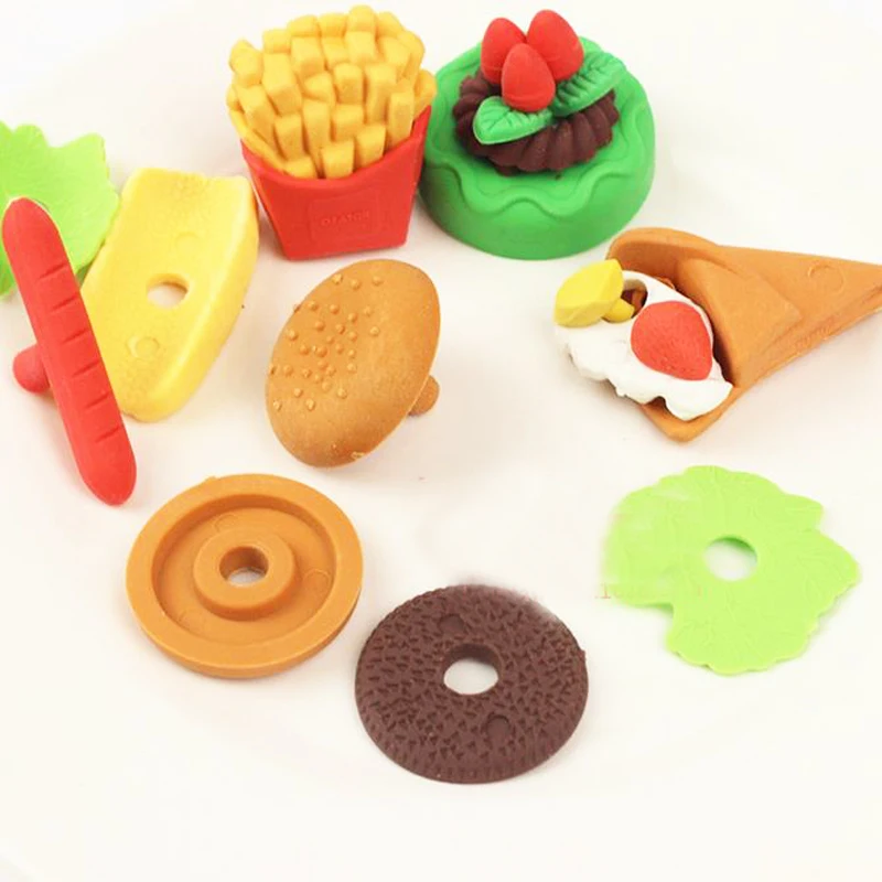 6Pcs/Set Novelty Cute cake ice cream Hamburger Fries eraser Funny