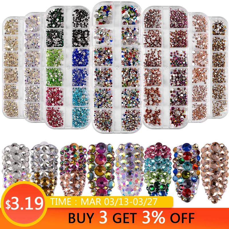 

Multi Size Glass Nail Rhinestones Mixed Colors Flat-back AB Crystal Strass 3D Charm Gems DIY Manicure Nail Art Decorations