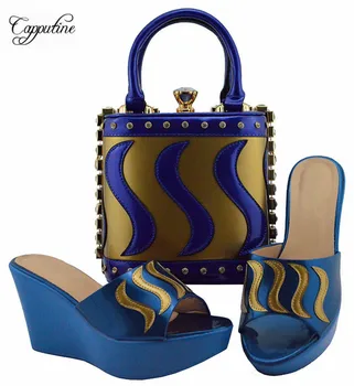 

High class royal blue with gold wedge heel slipper shoes and handbag set nice pumps with bag for lady MD005