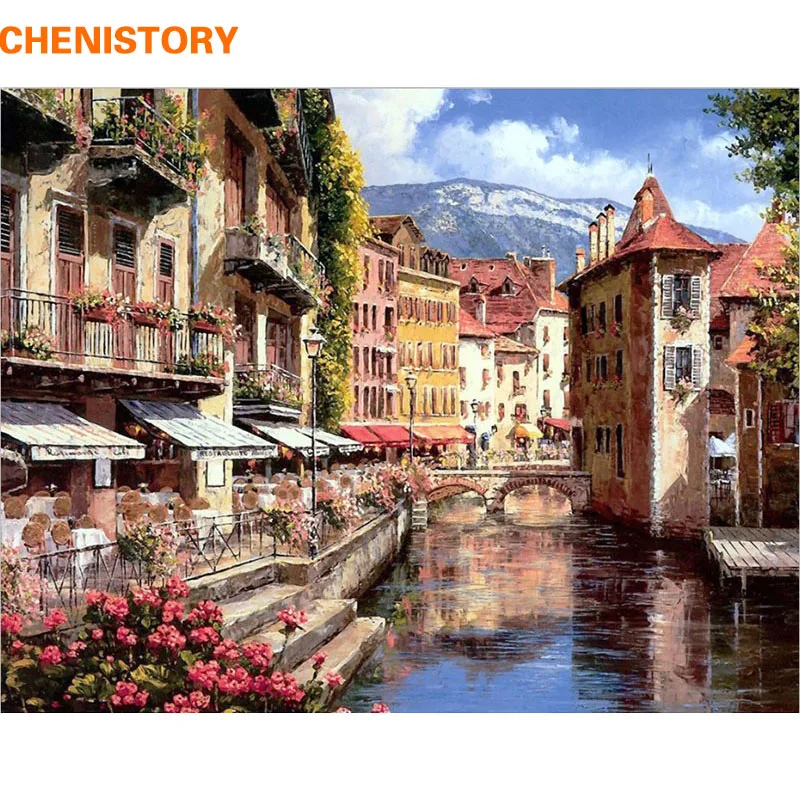 

CHENISTORY Waterside Town DIY Painting By Numbers Picture Wall Art Hand Painted Oil Painting Scenery Home Decoration 40x50cm