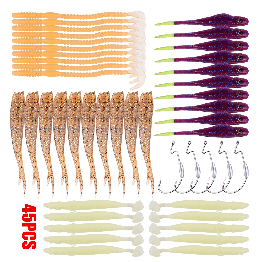 

45PCS Soft Bait Hooks Fishing Lures Wobblers for Fishing Jig Head Silicone Worm Artificial Bait Isca Pesca
