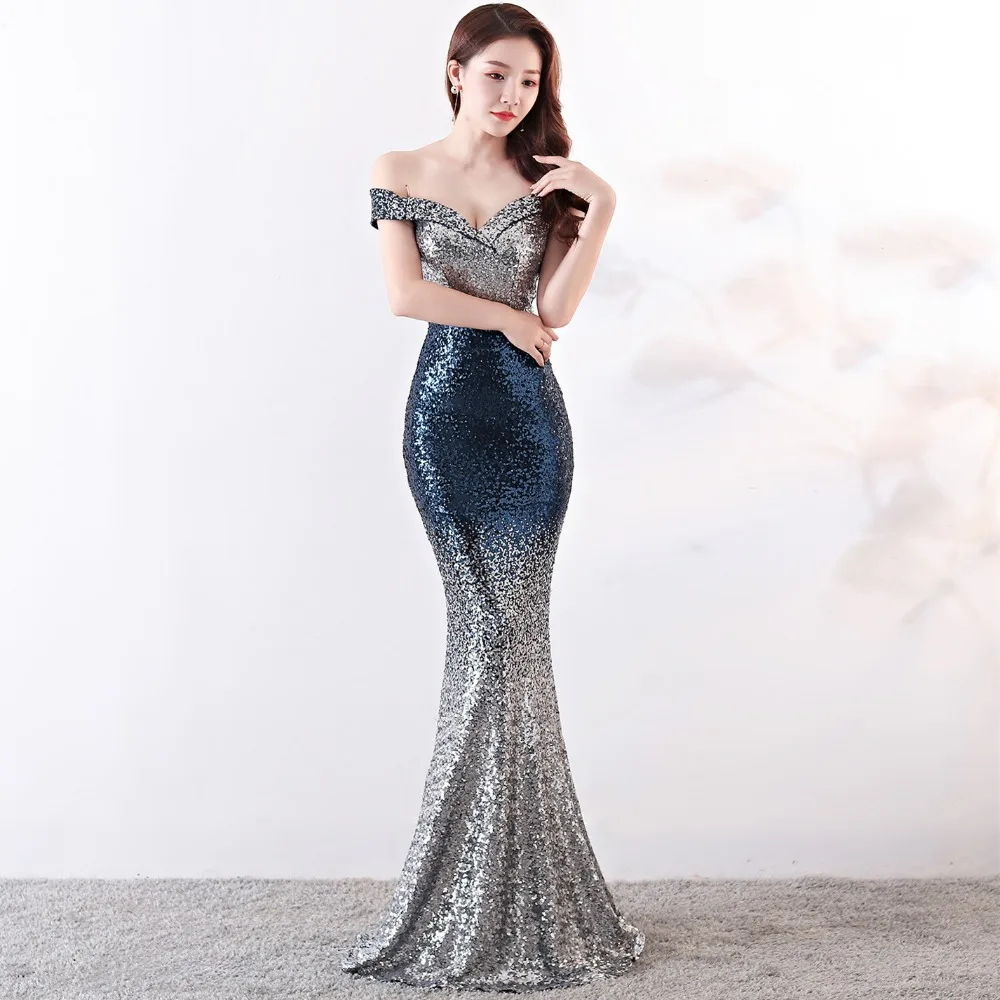 Sexy Sequin Maxi Dress Women Sexy Evening Party Dress Slash Neck Elegant Wedding Vestido de fiesta