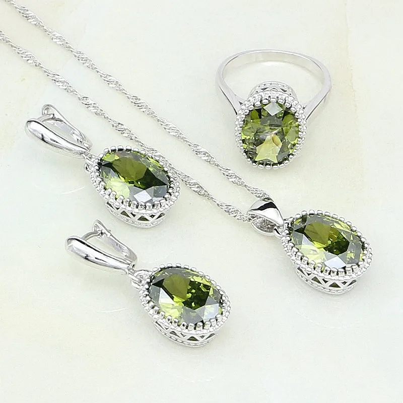 

Crown 925 Silver Jewelry Olive Green Cubic Zirconia Bridal Jewelry Sets For Women Annniversary Earrings/Pendant/Necklace/Ring