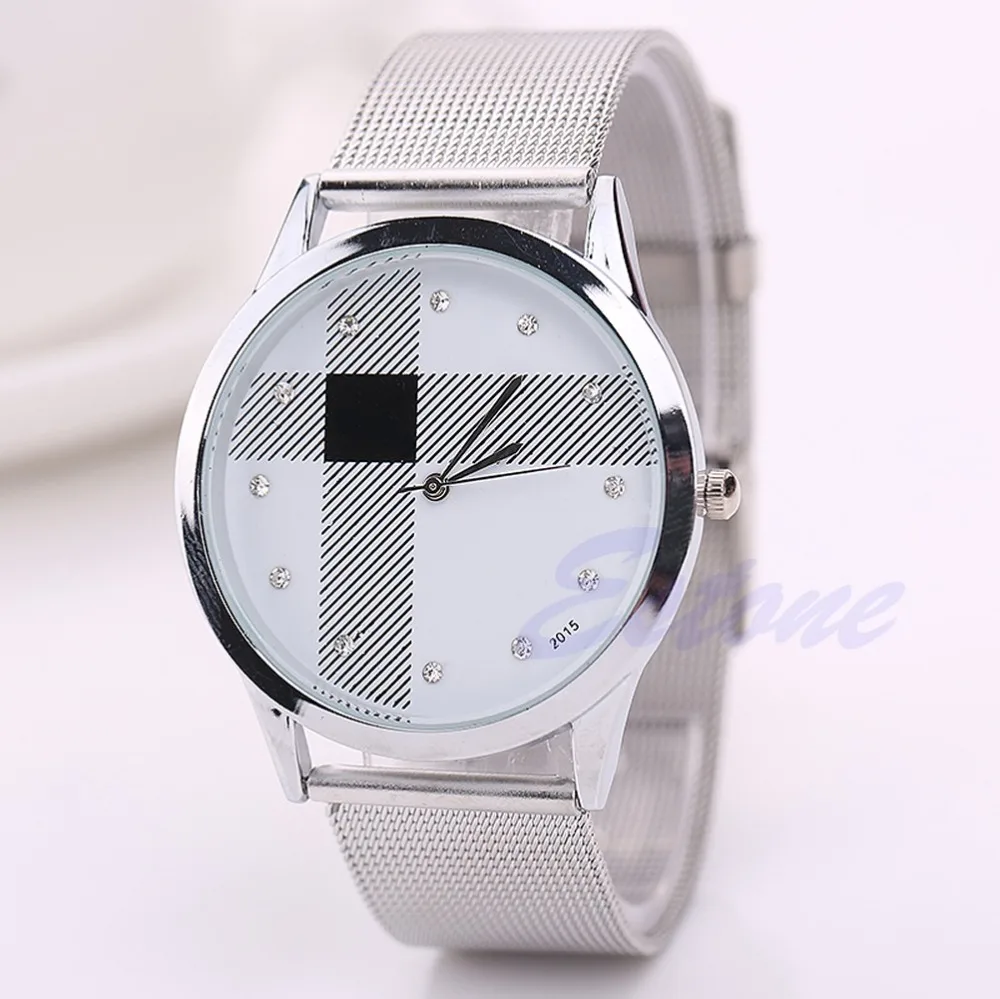 

Premium Chic Women Men Stainless Steel Rhinestone Quartz Watches Silver Mesh Band Wrist Watch