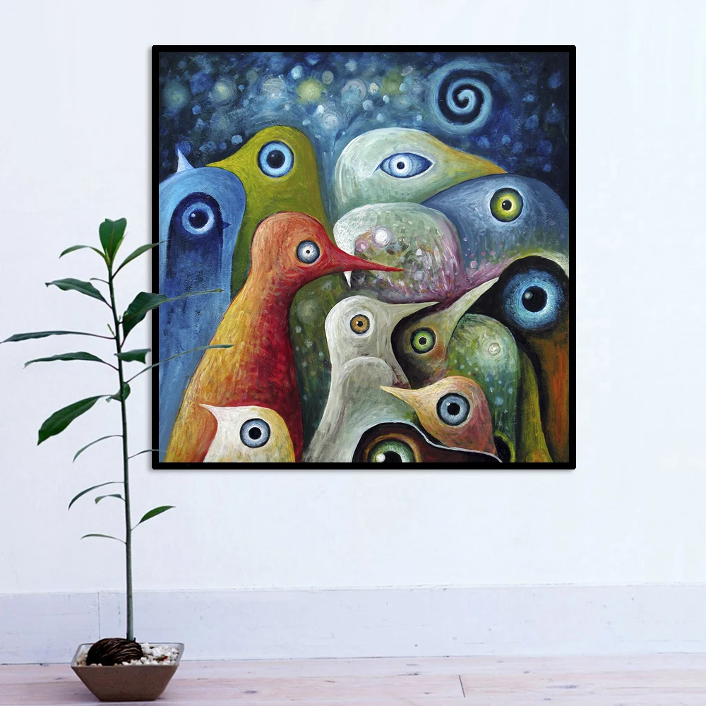 Картина настенная разноцветная с абстрактными квадратными птицами|abstract bird