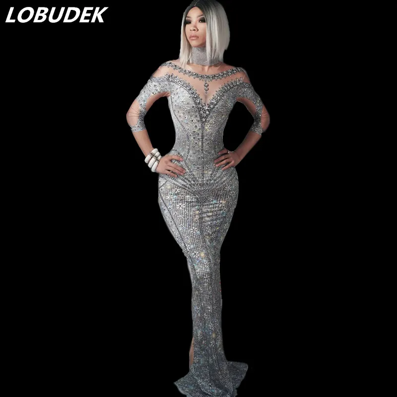 

2019 New Fashion Silver Rhinestones Printing Sheath Dress Female Singer Models Host Evening Party Mermaid Long Dress Stage Dress