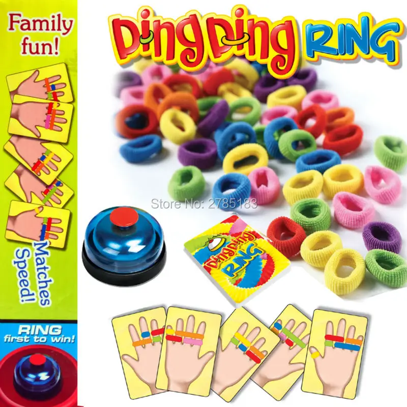 

Ring Ding Toy Family Party Games Great Practical Gadgets Funny Challenge Bell with 24 pcs picture cards 60 pcs Hair Rings