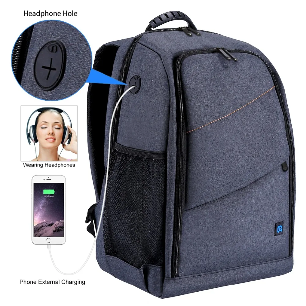 Рюкзак для камеры, водонепроницаемая сумка для фотосъемки, большая емкость, с отверстием для зарядки наушников, аксессуары для Dslr