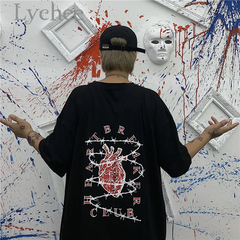 

Lychee Streetwear Dark Heart Letter Print Women Top Tees T Shirt Short Sleeve Crew Neck Loose Spring Summer Female T Shirts