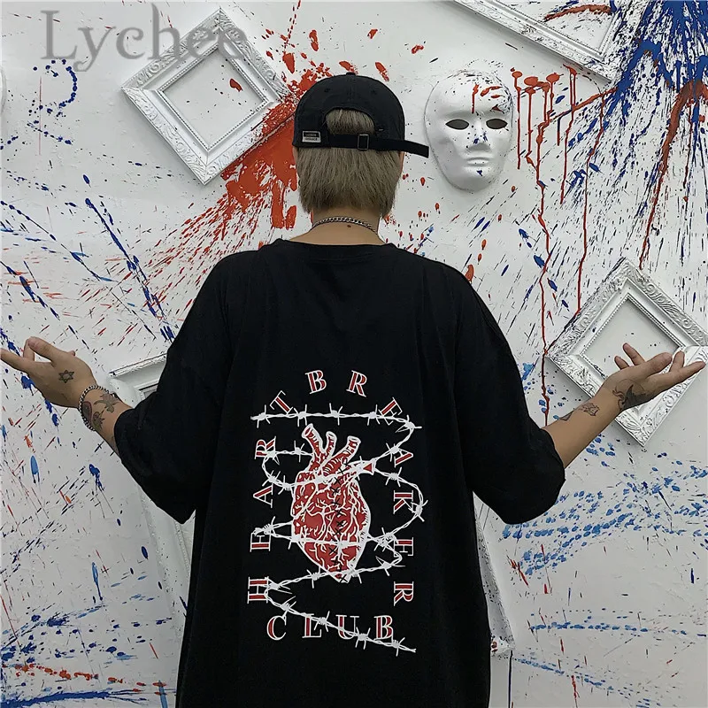 Lychee/уличная женская футболка с принтом в виде темного сердца и букв, футболка с коротким рукавом и вырезом лодочкой, свободные