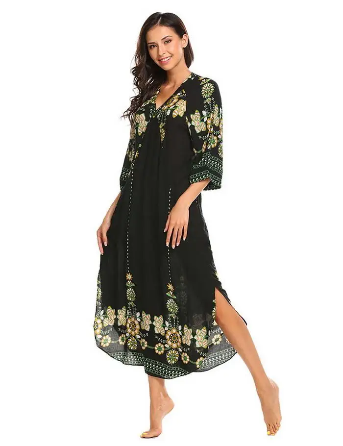 Ekouaer Long Nightgown Sleepwear Women Half Sleeve V-Neck Printed Pullover Loose Nightwear Dress Casual Home Clothes