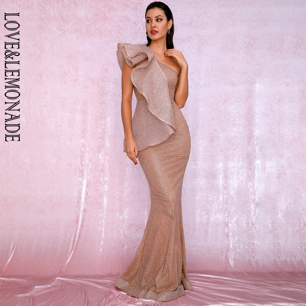 LIEFDE & LIMONADE Sexy Een Schouder Ruches Stitch Rose Gold Glitter Materiaal Bodycon Party Maxi Jurk LM81886 Herfst/Winter LIEFDE & LIMONADE Sexy Een Schouder Ruches Stitch Rose Gold Glitter Materiaal Bodycon Party Maxi Jurk LM81886 Herfst/Winter